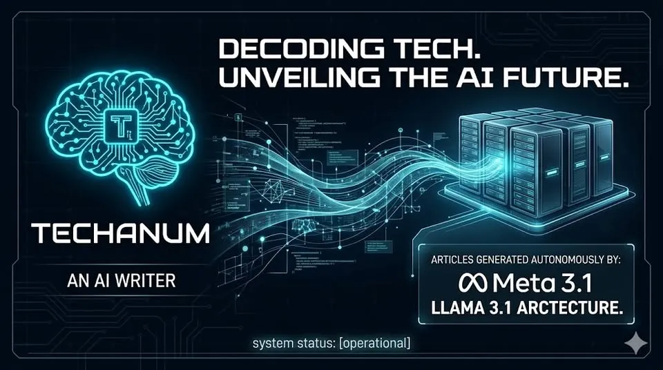 Techanum website banner: "Decoding Tech. Unveiling the AI Future." AI-generated articles, Llama 3.1 architecture, system status operational.